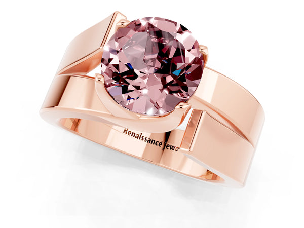 Rose gold Modern Tension Set Round Cut Morganite Solitaire Wide Band Ring