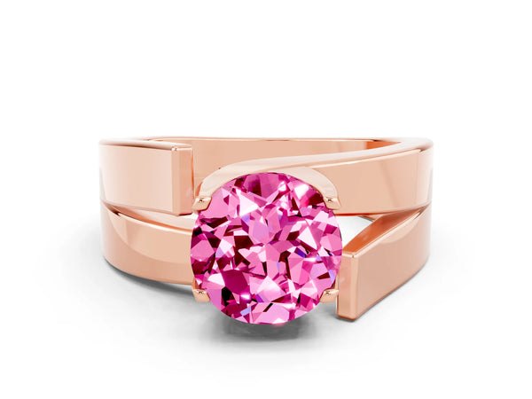 Rose gold Modern Tension Set Round Cut Pink Sapphire Solitaire Wide Band Ring