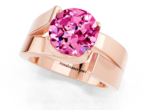 Rose gold Modern Tension Set Round Cut Pink Sapphire Solitaire Wide Band Ring_13