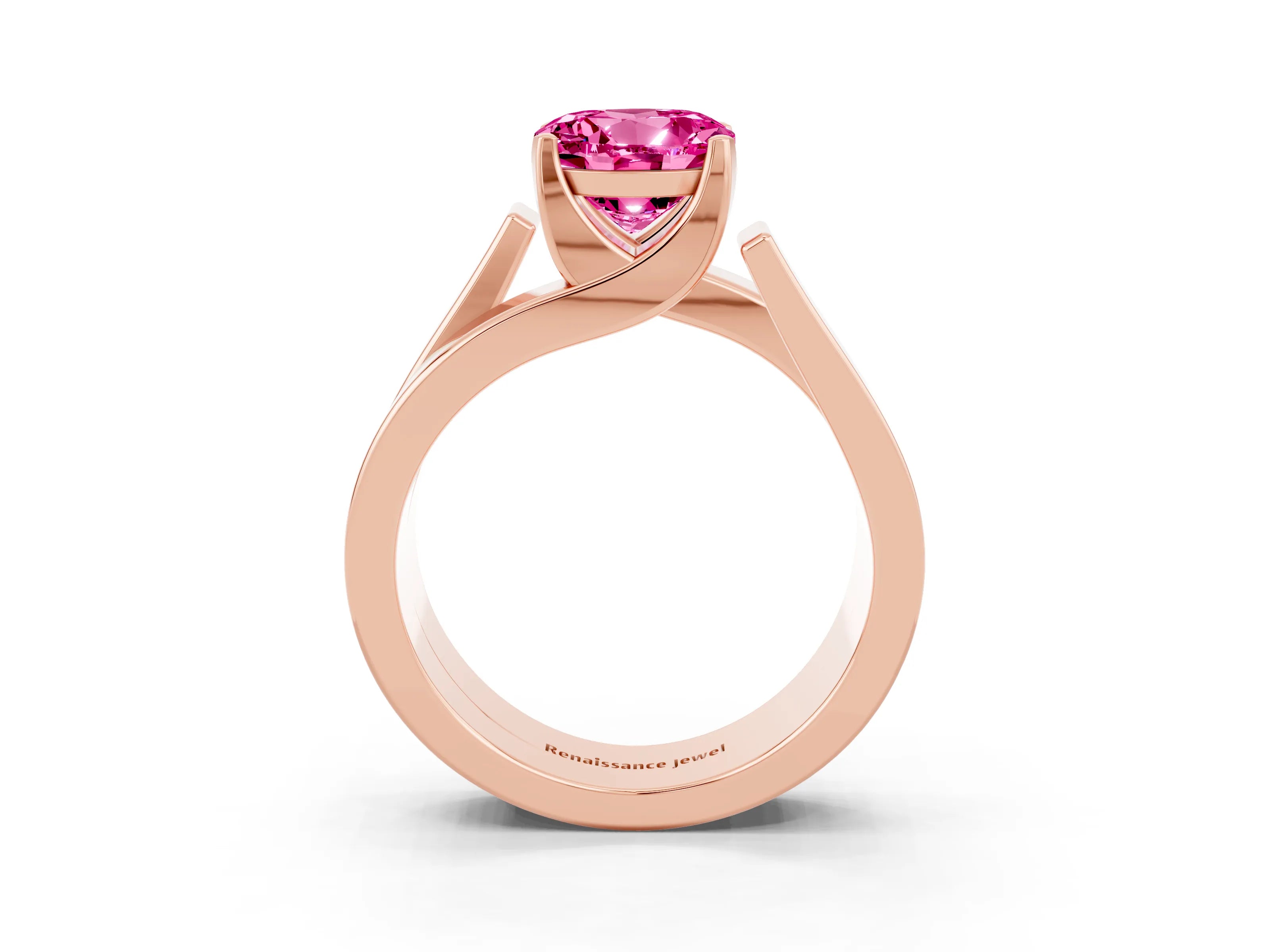 Rose gold Modern Tension Set Round Cut Pink Sapphire Solitaire Wide Band Ring_15