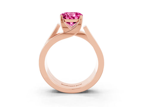 Rose gold Modern Tension Set Round Cut Pink Sapphire Solitaire Wide Band Ring_15