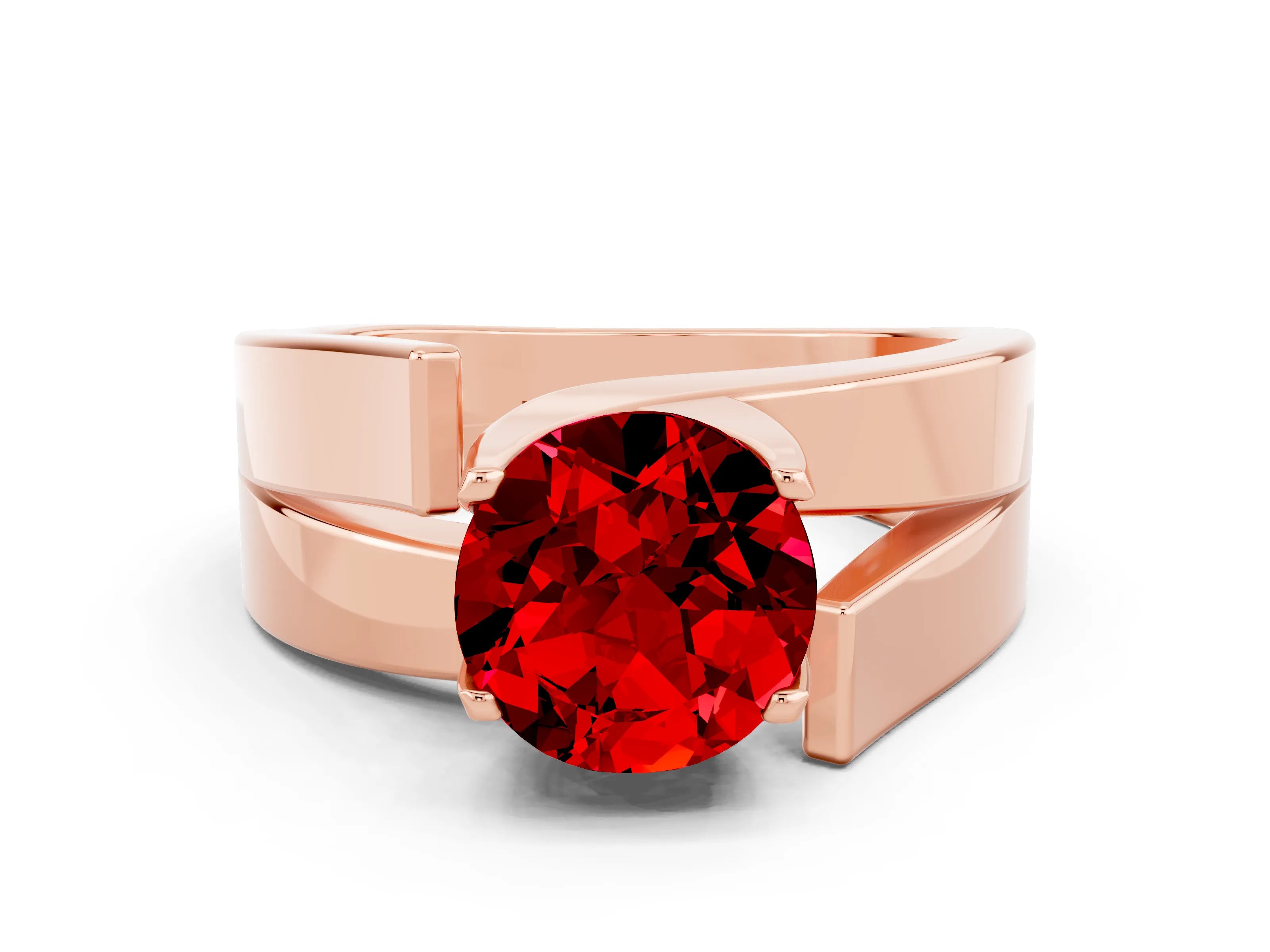 Rose gold Modern Tension Set Round Cut Ruby Solitaire Wide Band Ring