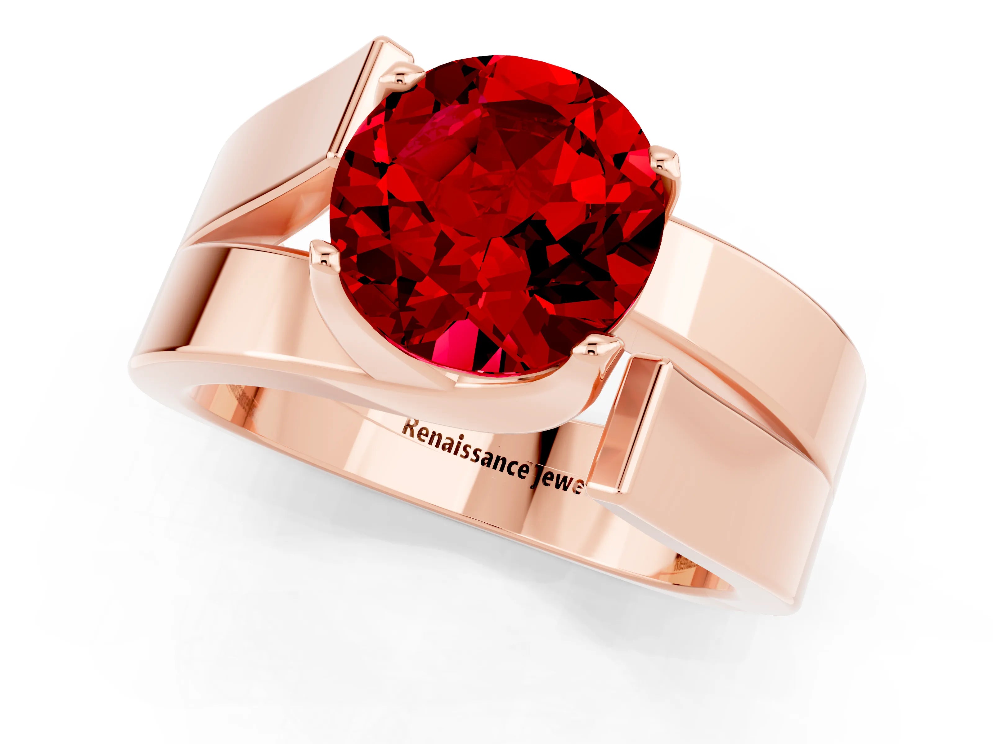 Rose gold Modern Tension Set Round Cut Ruby Solitaire Wide Band Ring_1