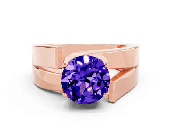 Rose gold Modern Tension Set Round Cut Tanzanite Solitaire Wide Band Ring