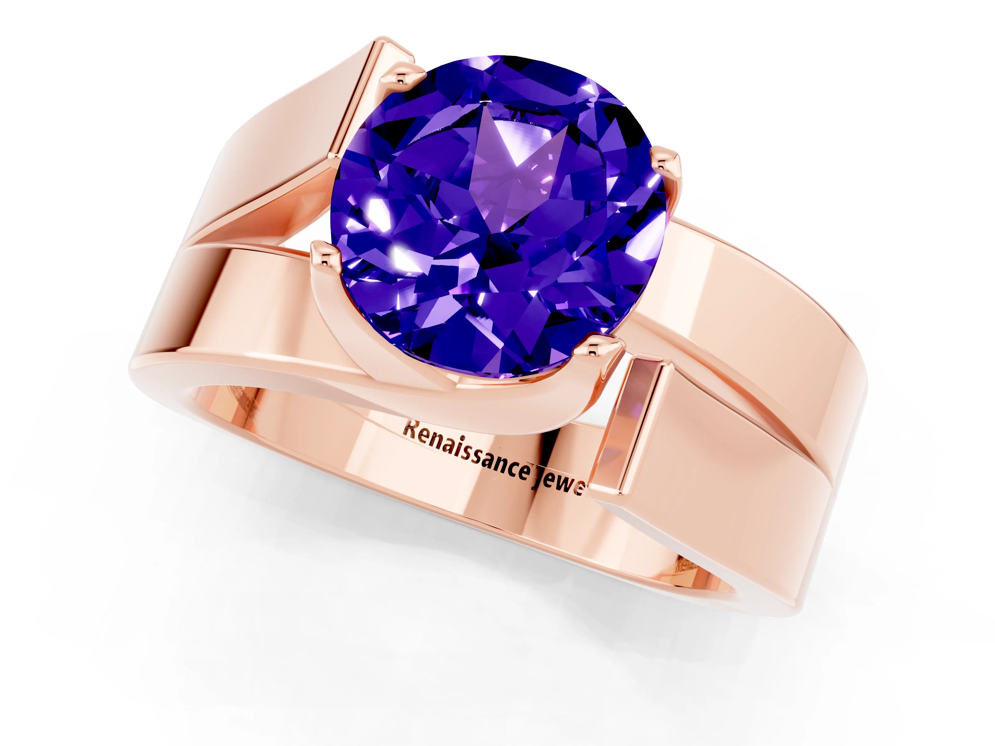 Rose gold Modern Tension Set Round Cut Tanzanite Solitaire Wide Band Ring_1