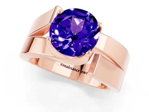 Rose gold Modern Tension Set Round Cut Tanzanite Solitaire Wide Band Ring_1