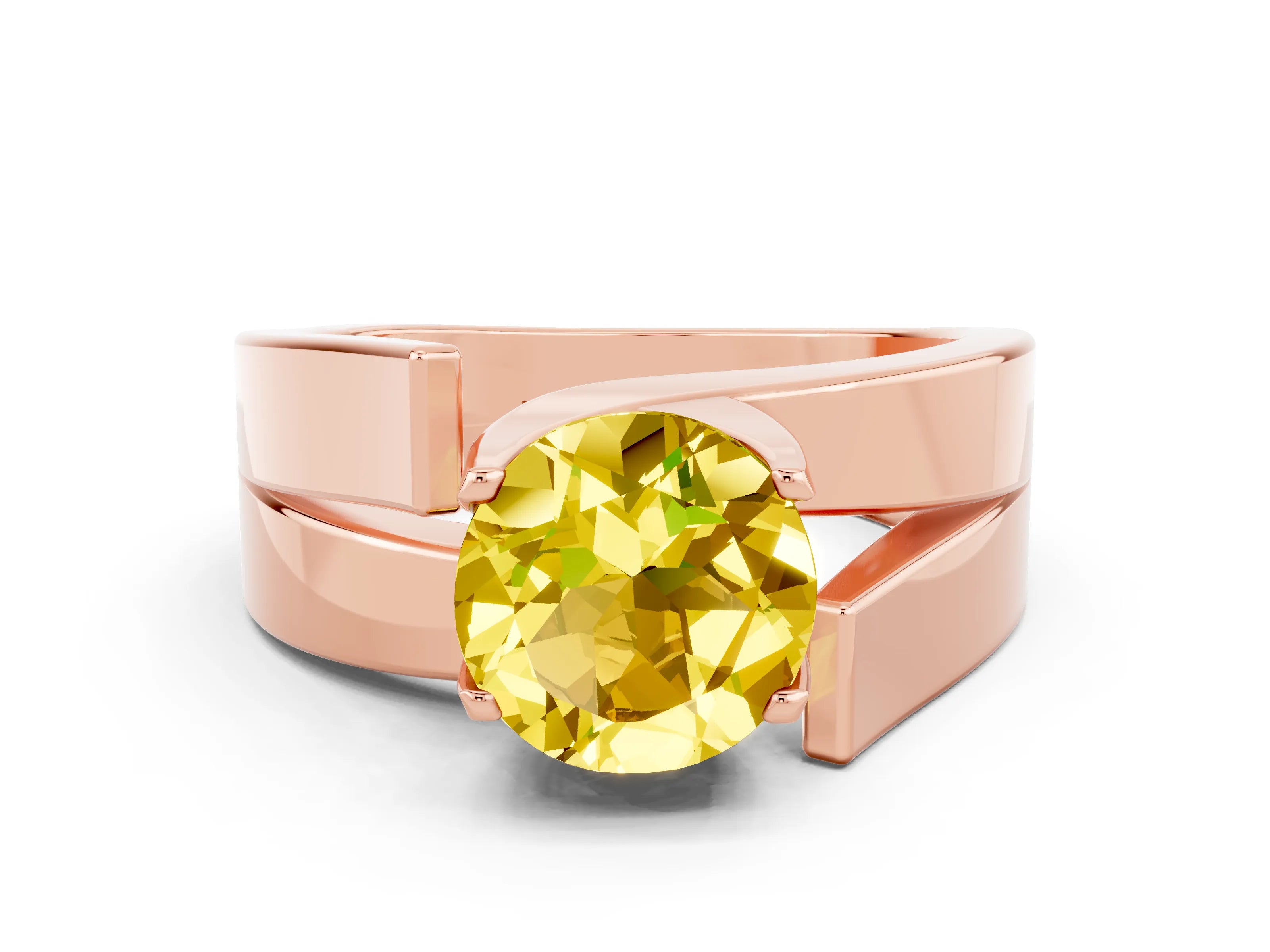 Rose gold Modern Tension Set Round Cut Yellow Sapphire Solitaire Wide Band Ring_12