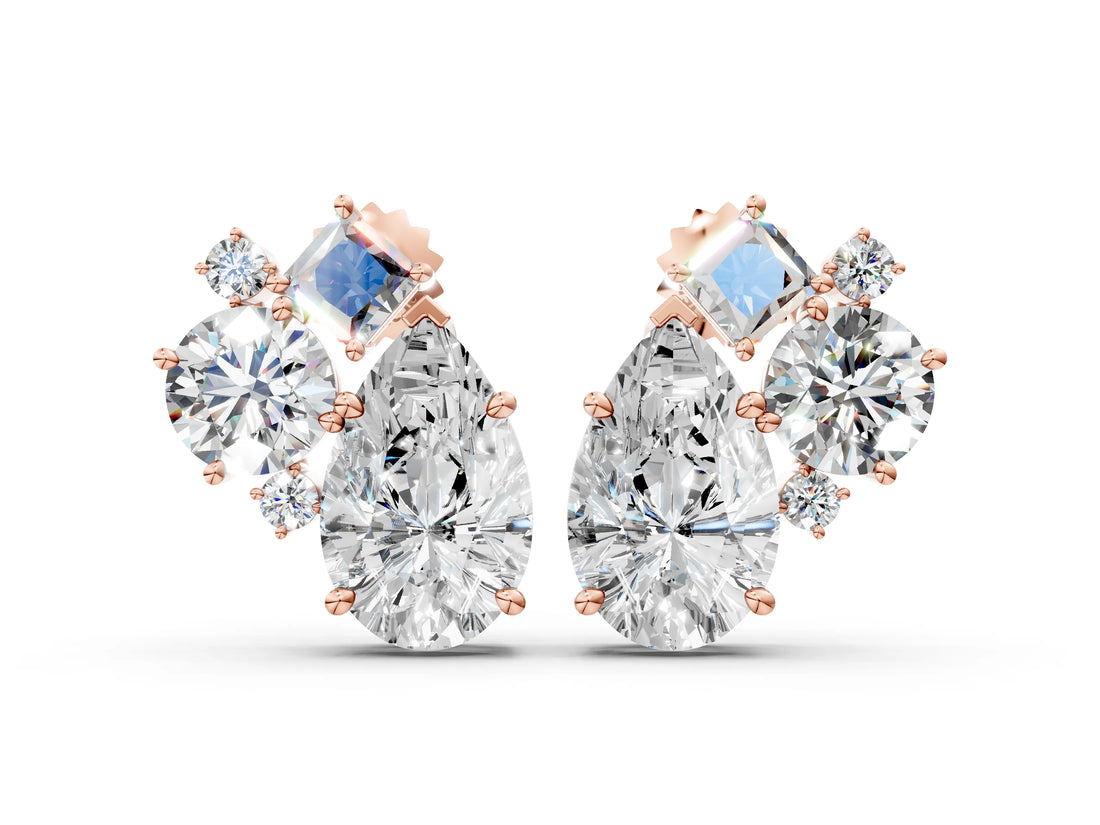 Rose gold Multi-Shape Diamond Mosaic Five Stone Stud Earrings_16