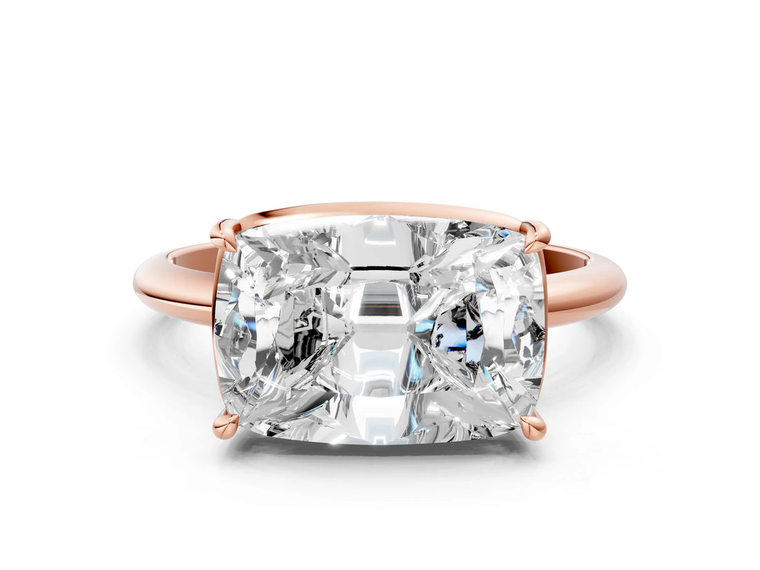 Rose gold Old Mine Elongated Cushion Diamond East-West Bezel Set Four Claw Solitaire Ring_17