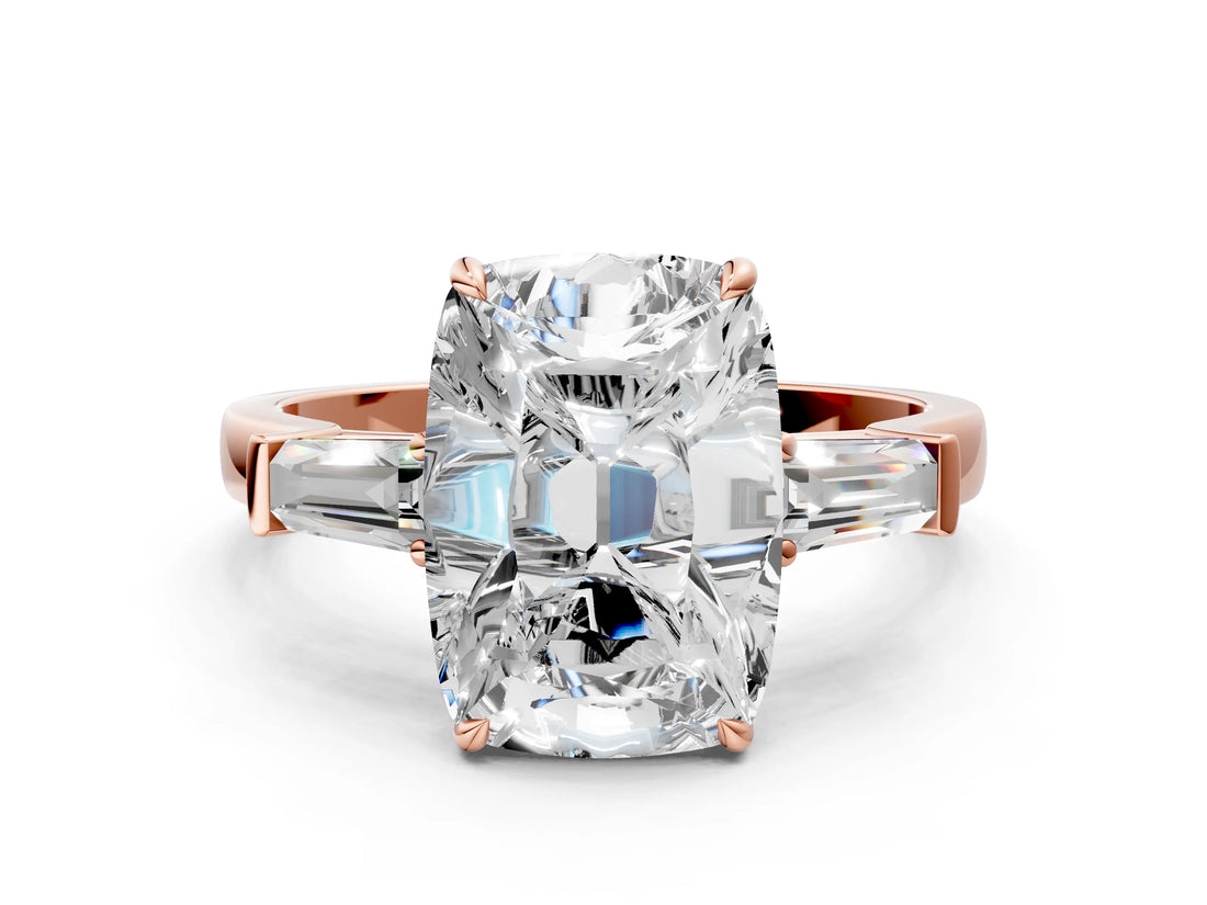Rose gold Old Mine Elongated Cushion Diamond with Side Tapered Baguette Three Stone Ring_34