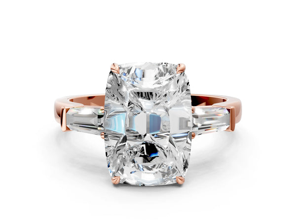 Rose gold Old Mine Elongated Cushion Diamond with Side Tapered Baguette Three Stone Ring