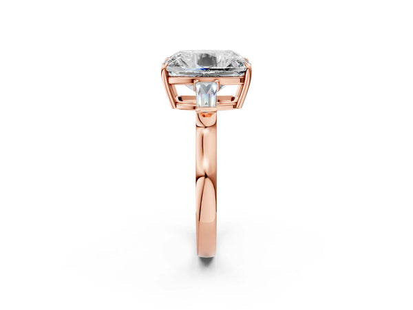 Rose gold Old Mine Elongated Cushion Diamond with Side Tapered Baguette Three Stone Ring