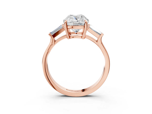 Rose gold Old Mine Elongated Cushion Diamond with Side Tapered Baguette Three Stone Ring
