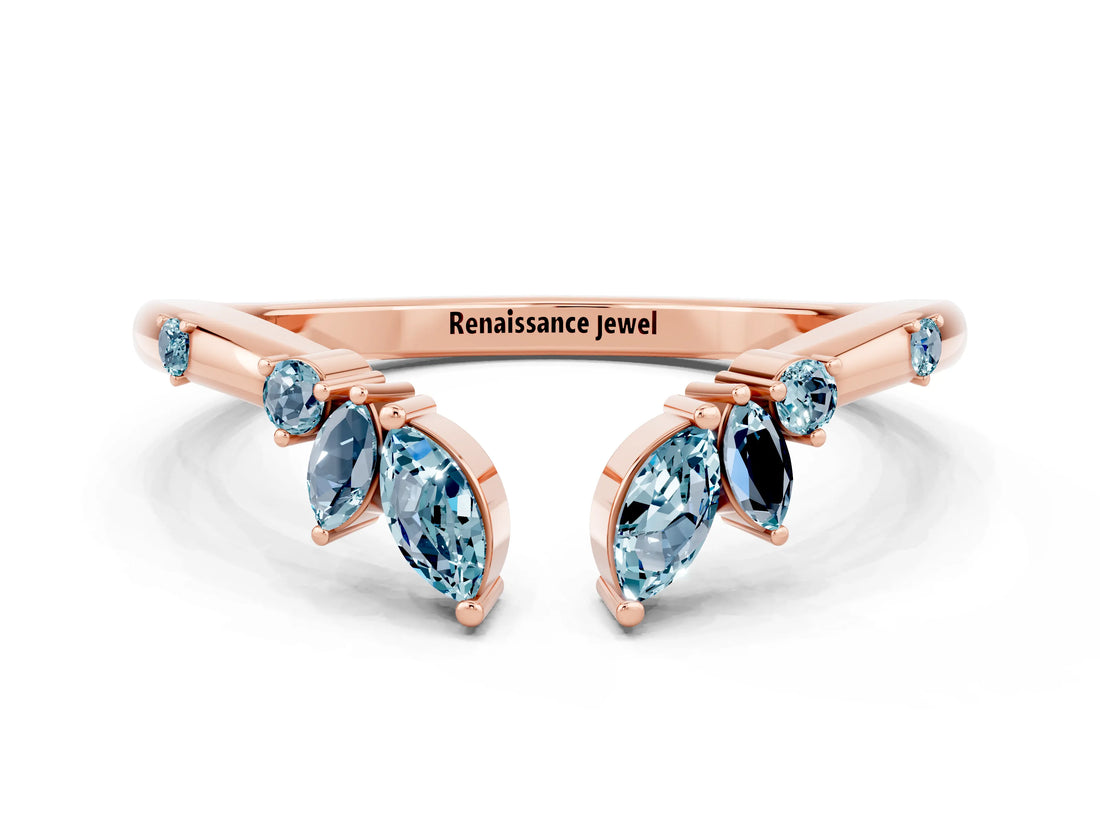 Rose gold Open Marquise Cluster Aquamarine Band with Prong Setting_6