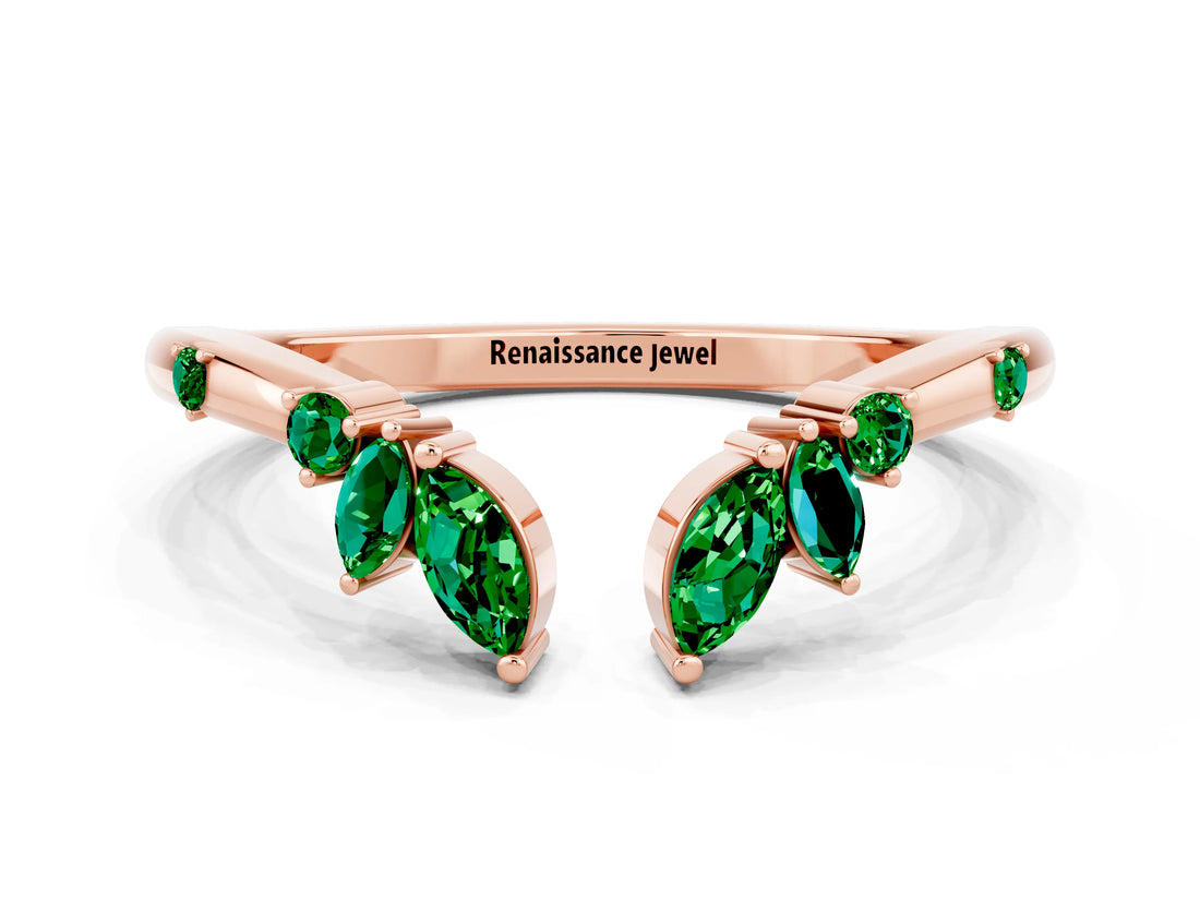 Rose gold Open Marquise Cluster Emerald Band with Prong Setting_6