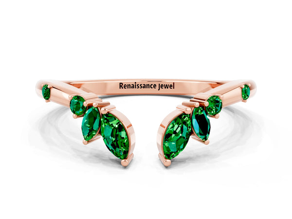 Rose Gold Marquise Lab-Grown Emerald Open Leaf Cluster Curved Wedding Band