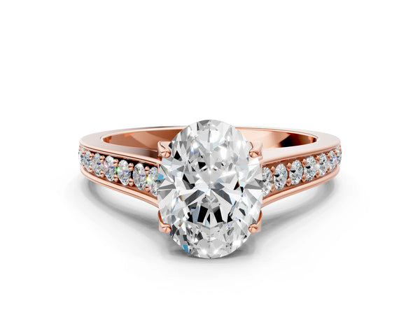 Rose gold Oval Brilliant Cut Diamond Engagement Ring with Pavé Band and Four-Prong Setting