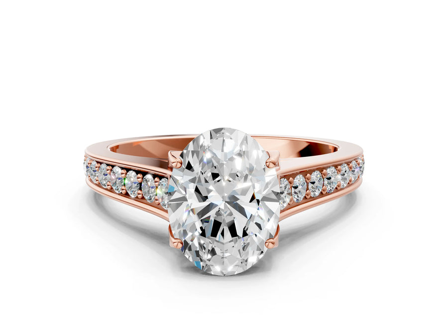 Rose gold Oval Brilliant Cut Diamond Engagement Ring with Pavé Band and Four-Prong Setting