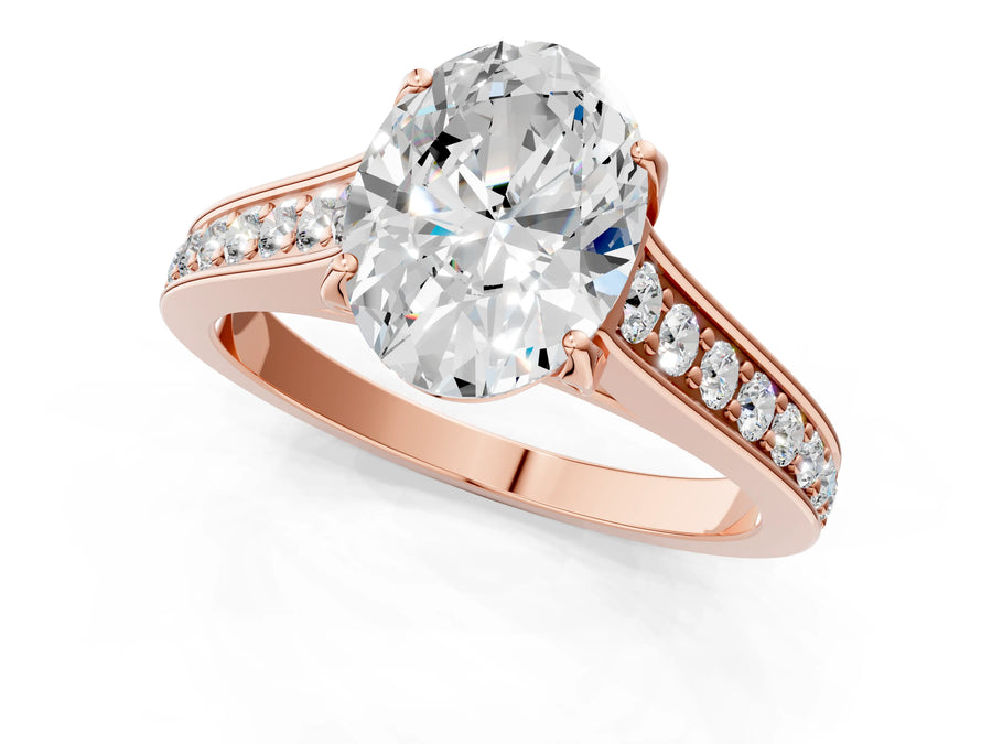 Rose gold Oval Brilliant Cut Diamond Engagement Ring with Pavé Band and Four-Prong Setting