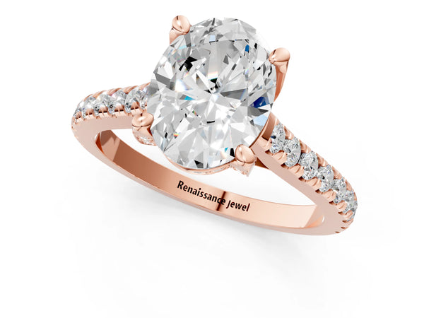 Rose gold Oval Brilliant Diamond Solitaire with Pavé Band and Four-Prong Setting