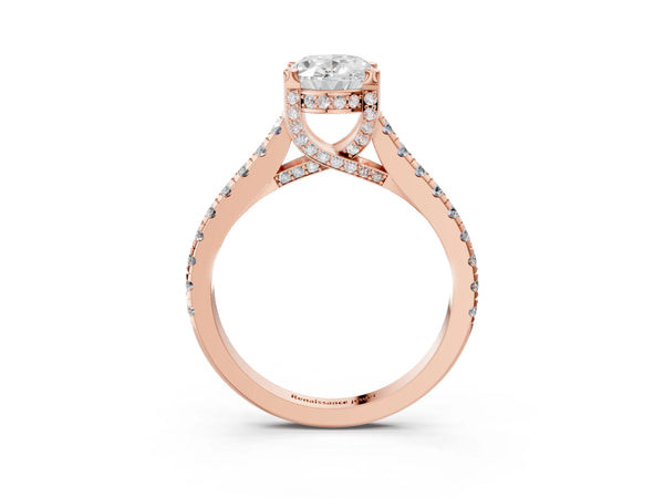 Rose gold Oval Brilliant Diamond Solitaire with Pavé Band and Four-Prong Setting