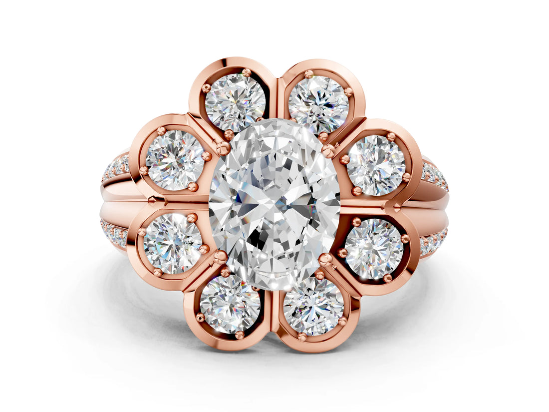 Rose gold Oval Brilliant Flower Halo Diamond Split Shank Ring_145