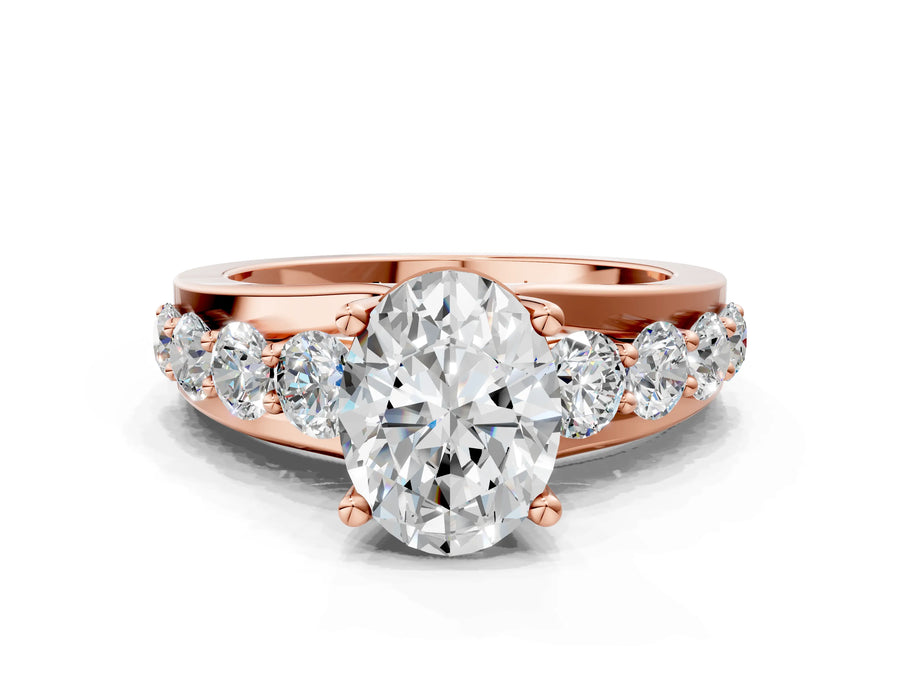 Rose gold Oval Brilliant Solitaire with Side Stones on a Pave Band and Four-Prong Setting