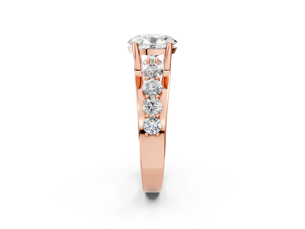 Rose gold Oval Brilliant Solitaire with Side Stones on a Pave Band and Four-Prong Setting
