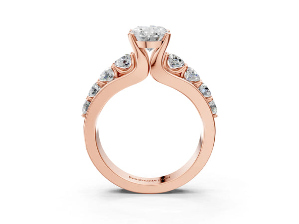 Rose gold Oval Brilliant Solitaire with Side Stones on a Pave Band and Four-Prong Setting