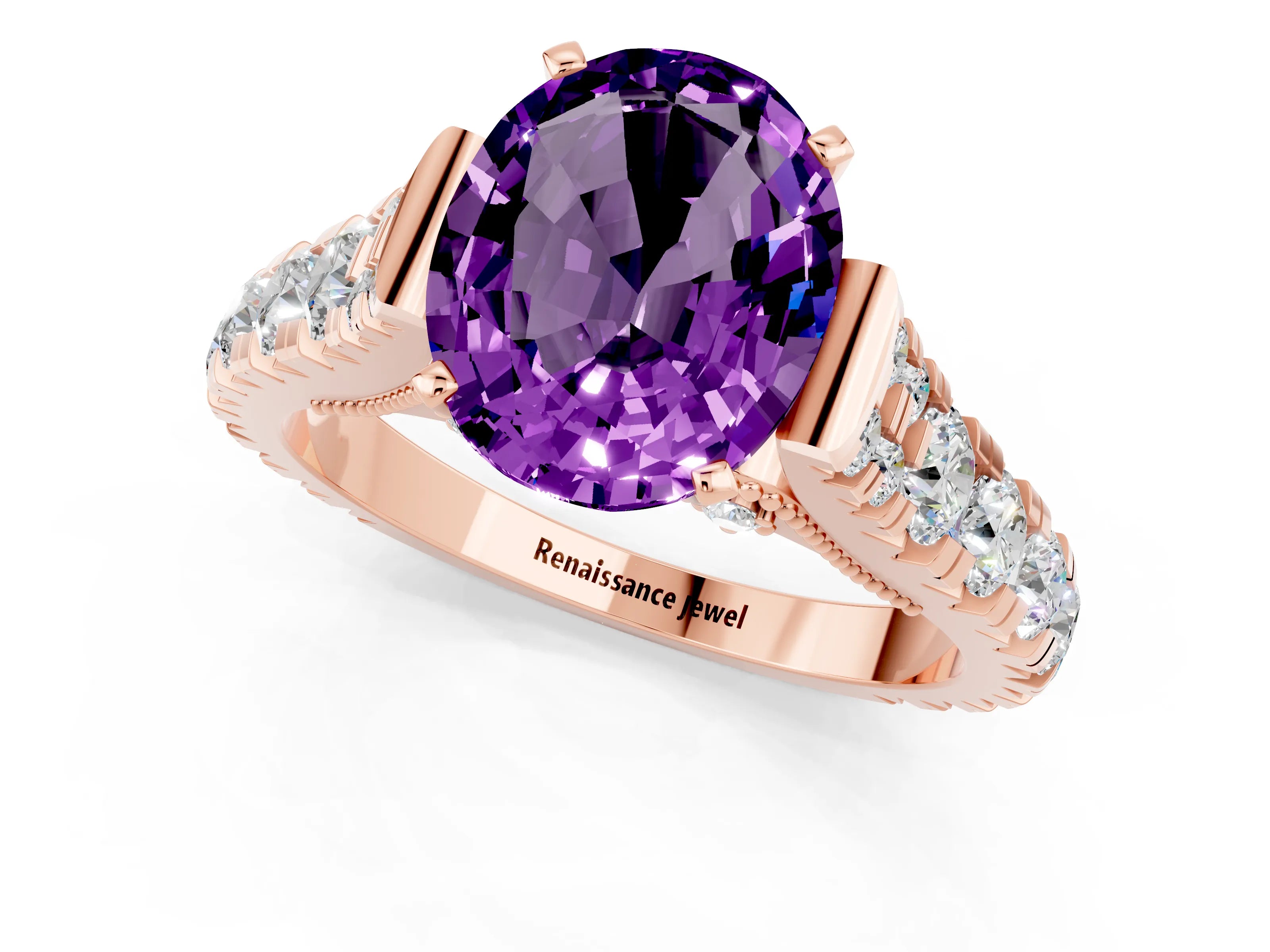 Rose gold Oval Cut Amethyst Classic Solitaire Ring with Pavé Band and Four-Prong Setting_1