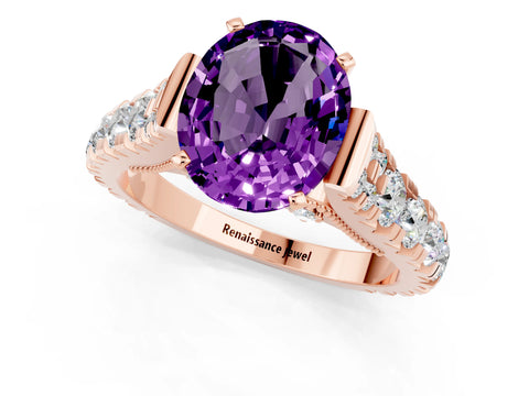 Rose gold Oval Cut Amethyst Classic Solitaire Ring with Pavé Band and Four-Prong Setting_1
