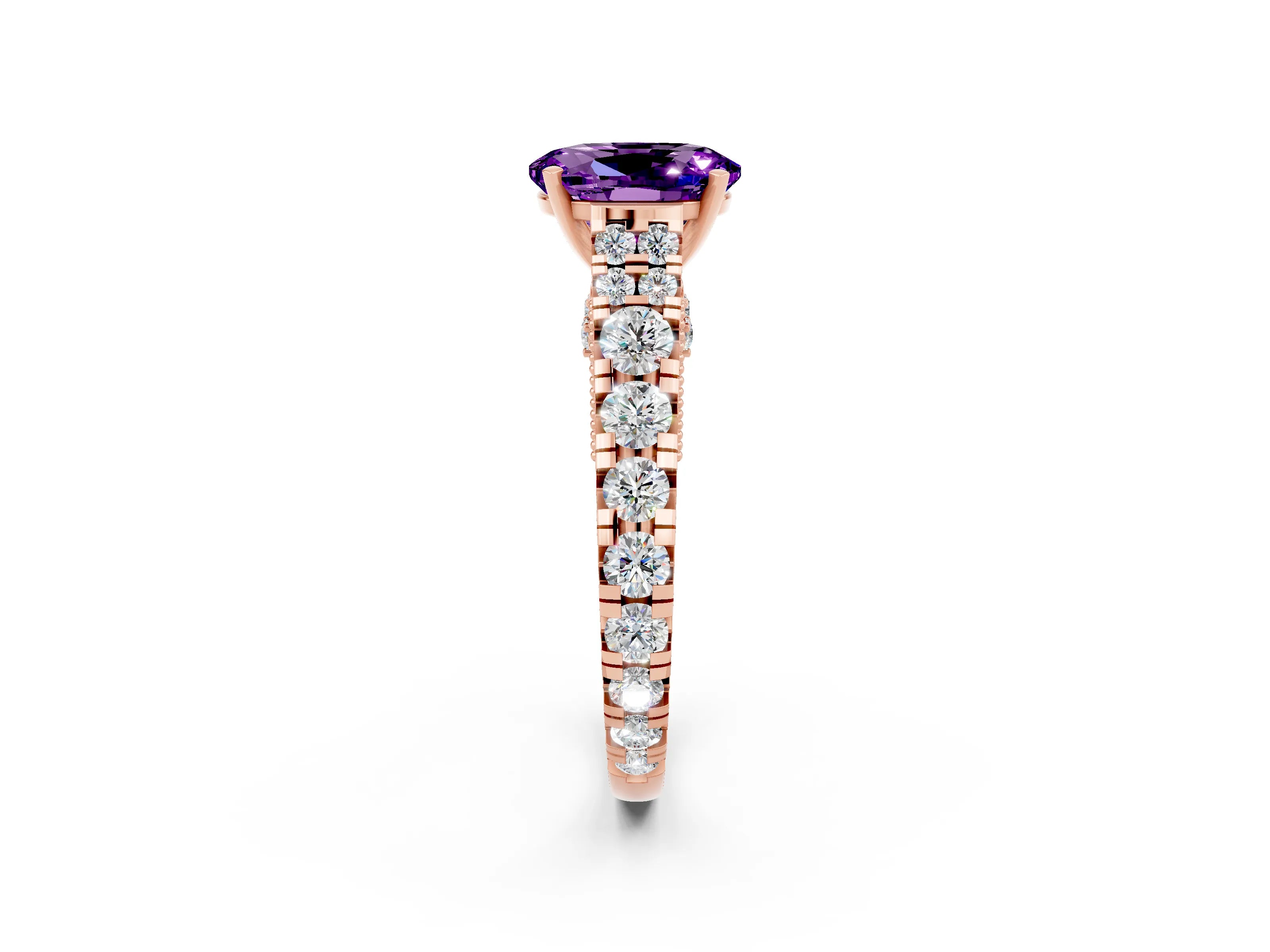 Rose gold Oval Cut Amethyst Classic Solitaire Ring with Pavé Band and Four-Prong Setting_2
