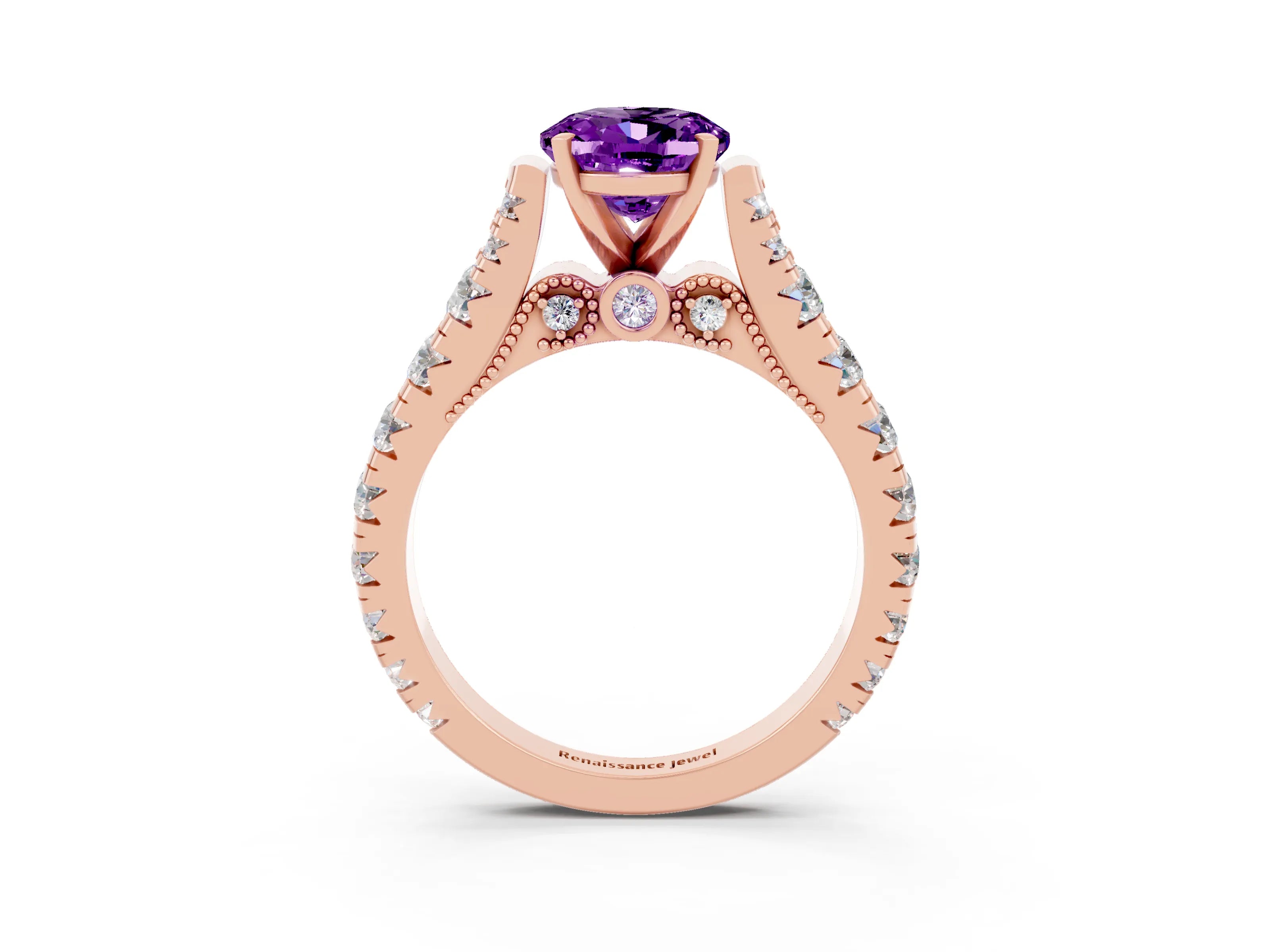 Rose gold Oval Cut Amethyst Classic Solitaire Ring with Pavé Band and Four-Prong Setting_3