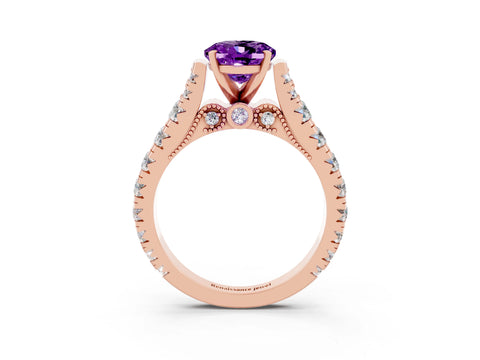 Rose gold Oval Cut Amethyst Classic Solitaire Ring with Pavé Band and Four-Prong Setting_3