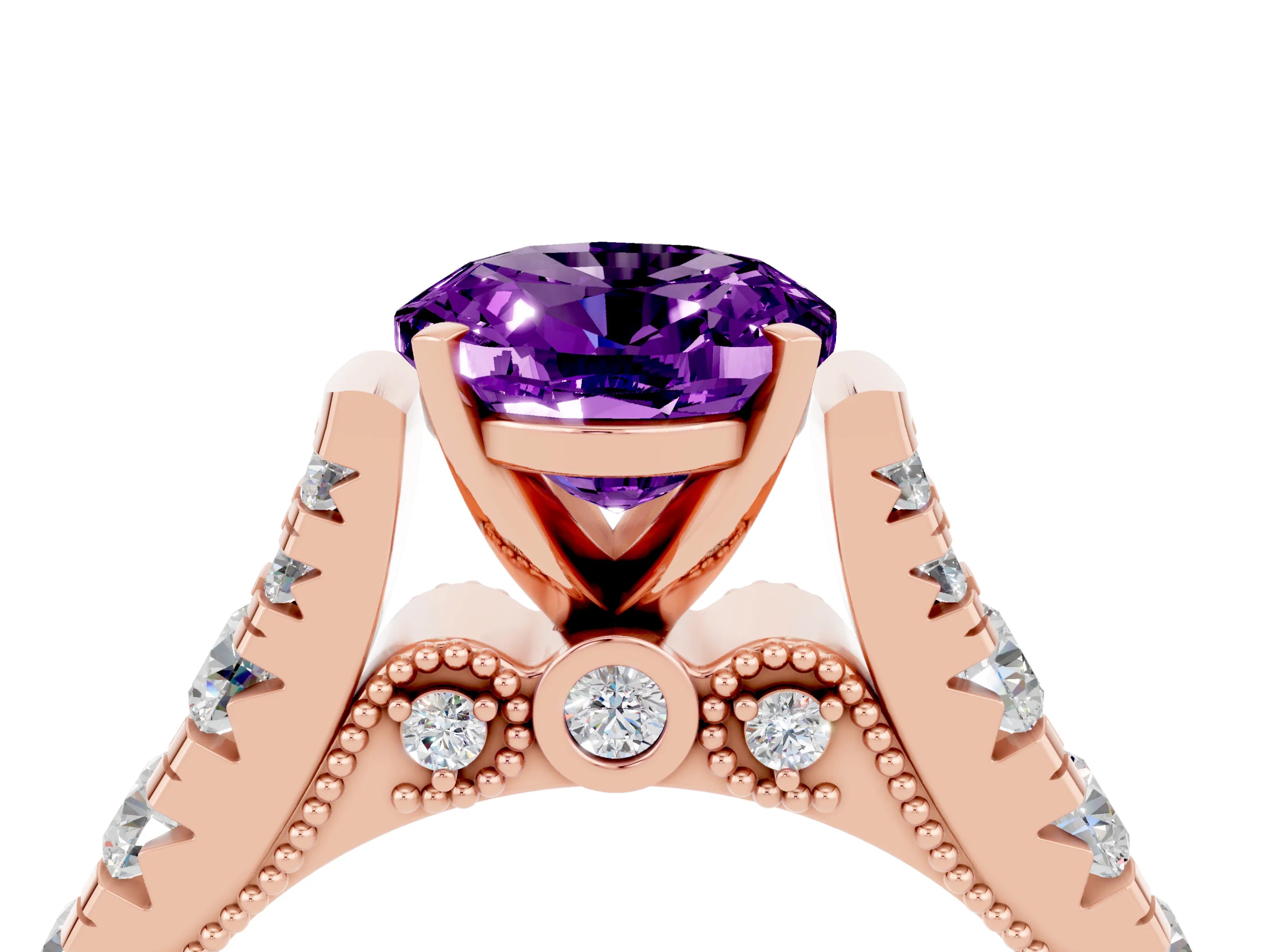 Rose gold Oval Cut Amethyst Classic Solitaire Ring with Pavé Band and Four-Prong Setting_4