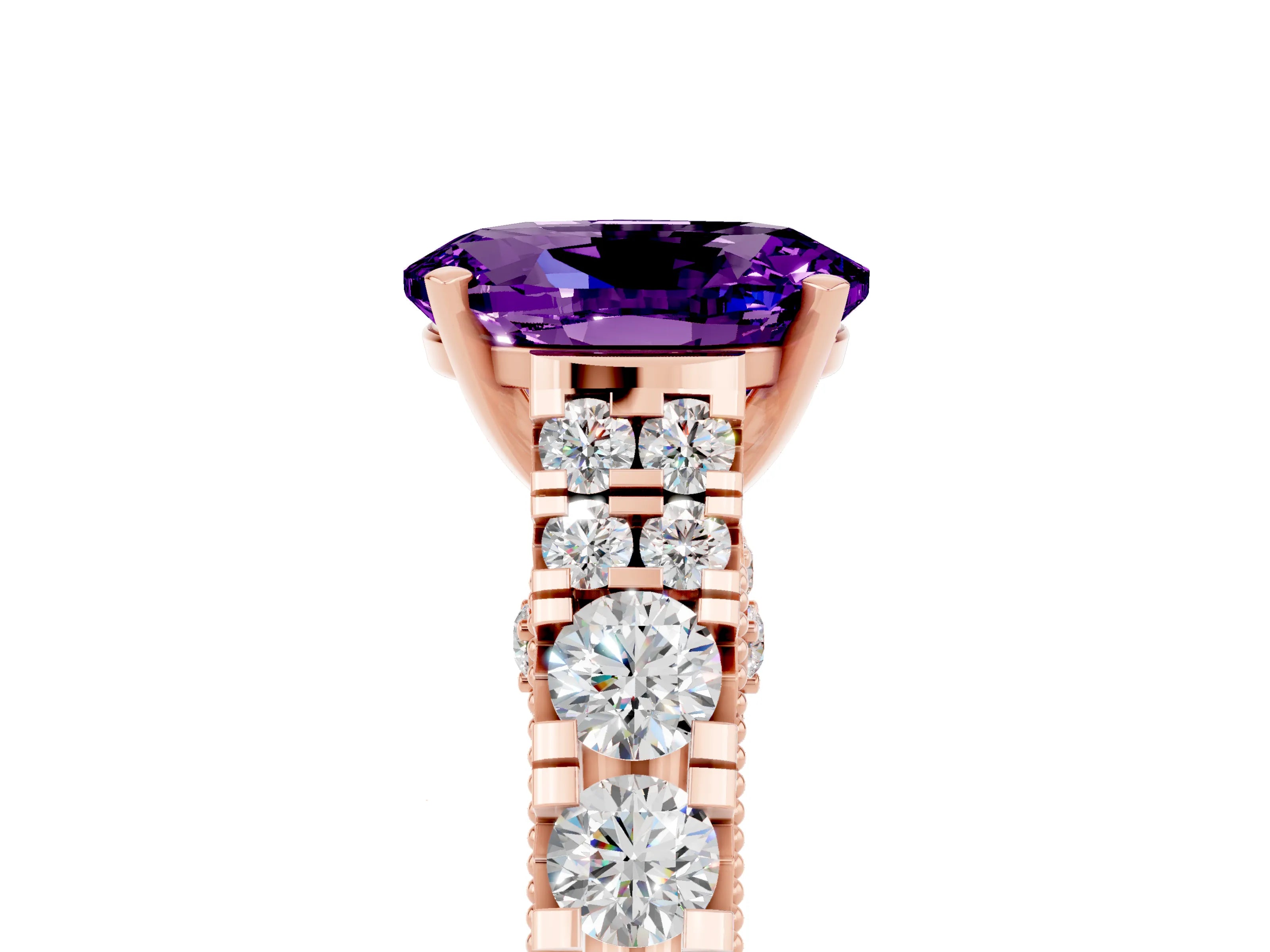 Rose gold Oval Cut Amethyst Classic Solitaire Ring with Pavé Band and Four-Prong Setting_5