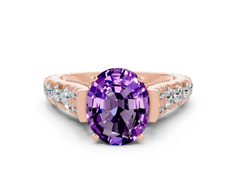 Rose gold Oval Cut Amethyst Classic Solitaire Ring with Pavé Band and Four-Prong Setting