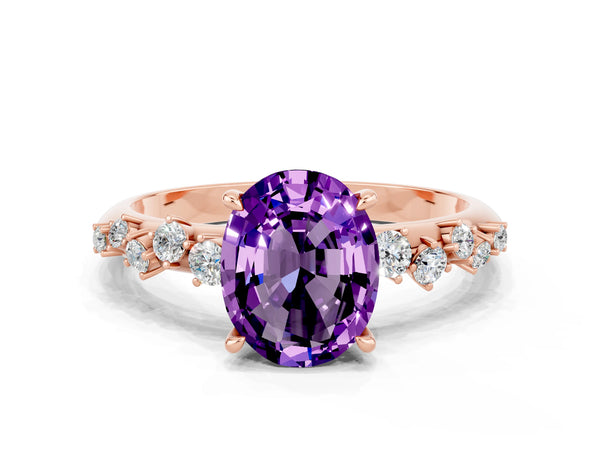 Rose gold Oval Cut Amethyst Cluster Side Stone Solitaire Ring with Prong Setting