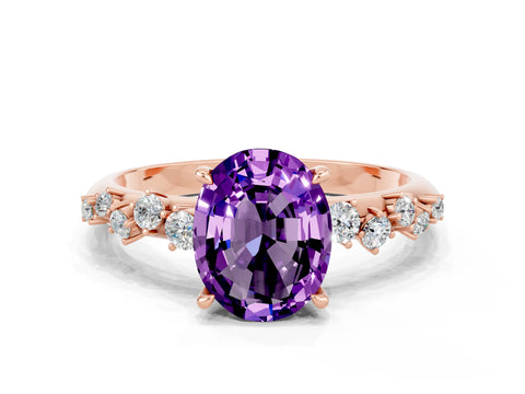 Rose gold Oval Cut Amethyst Cluster Side Stone Solitaire Ring with Prong Setting_24