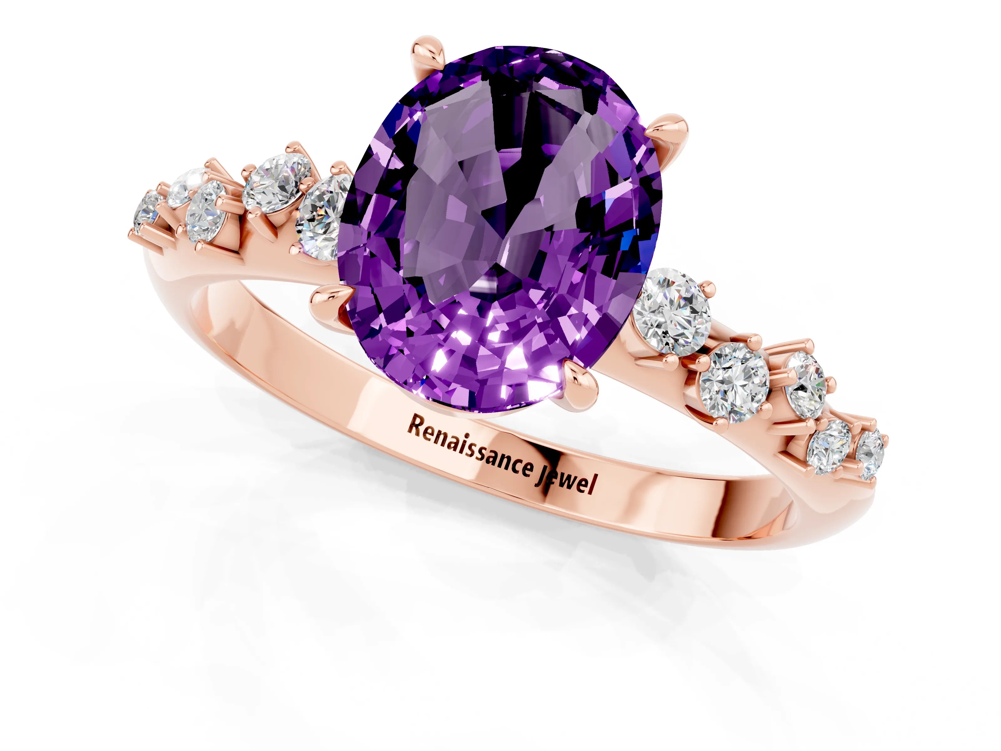 Rose gold Oval Cut Amethyst Cluster Side Stone Solitaire Ring with Prong Setting_25