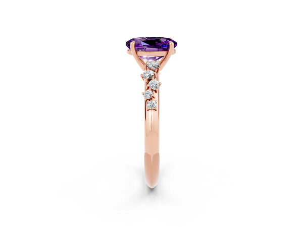 Rose gold Oval Cut Amethyst Cluster Side Stone Solitaire Ring with Prong Setting