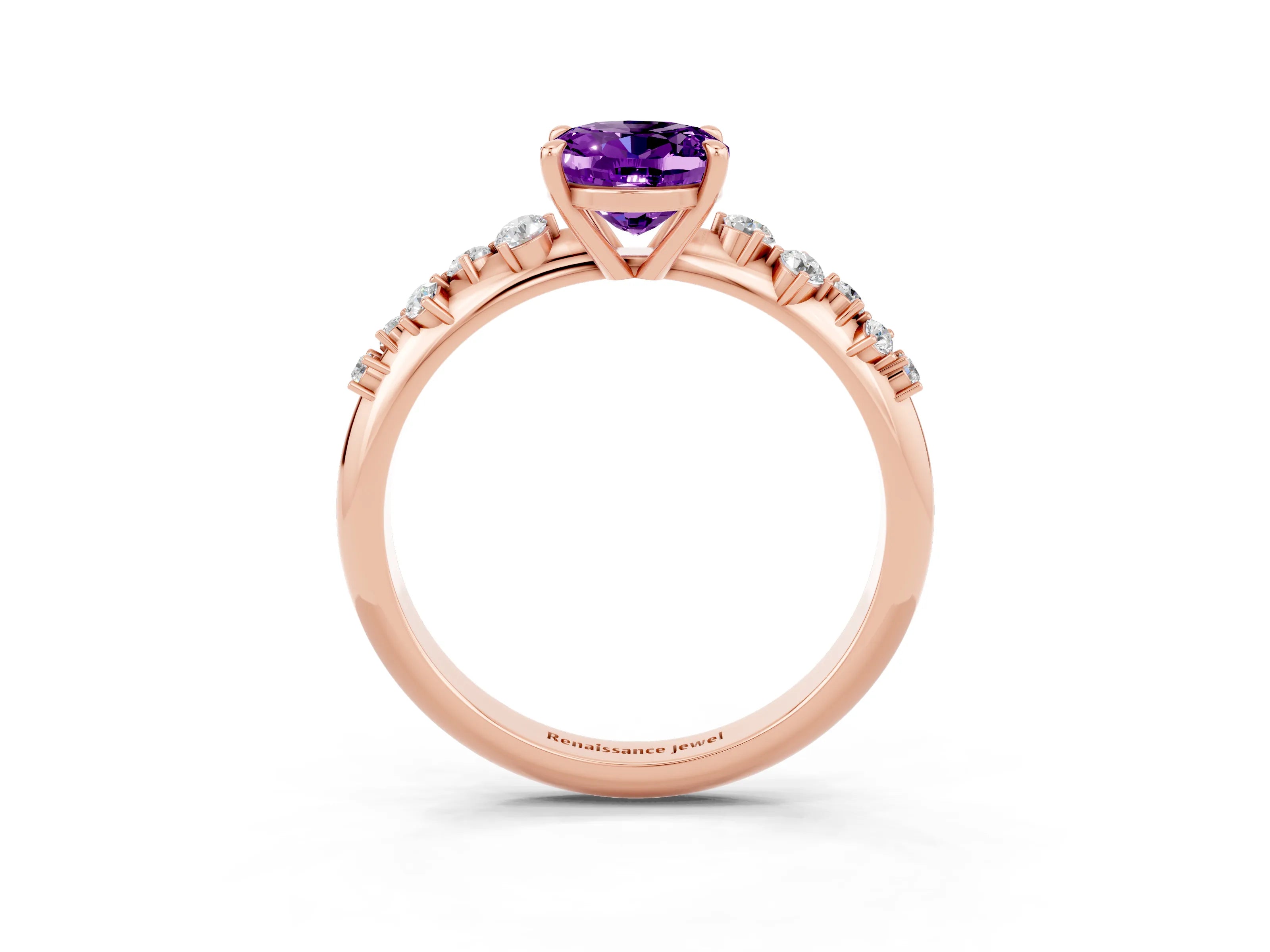 Rose gold Oval Cut Amethyst Cluster Side Stone Solitaire Ring with Prong Setting_27