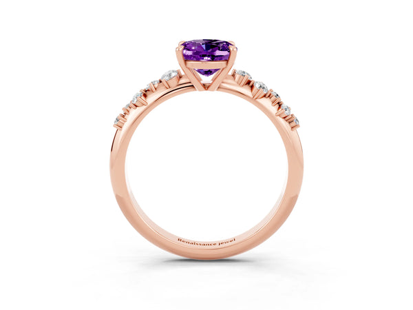 Rose gold Oval Cut Amethyst Cluster Side Stone Solitaire Ring with Prong Setting