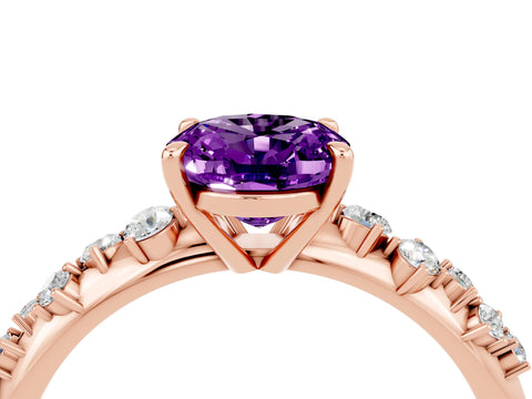 Rose gold Oval Cut Amethyst Cluster Side Stone Solitaire Ring with Prong Setting_28
