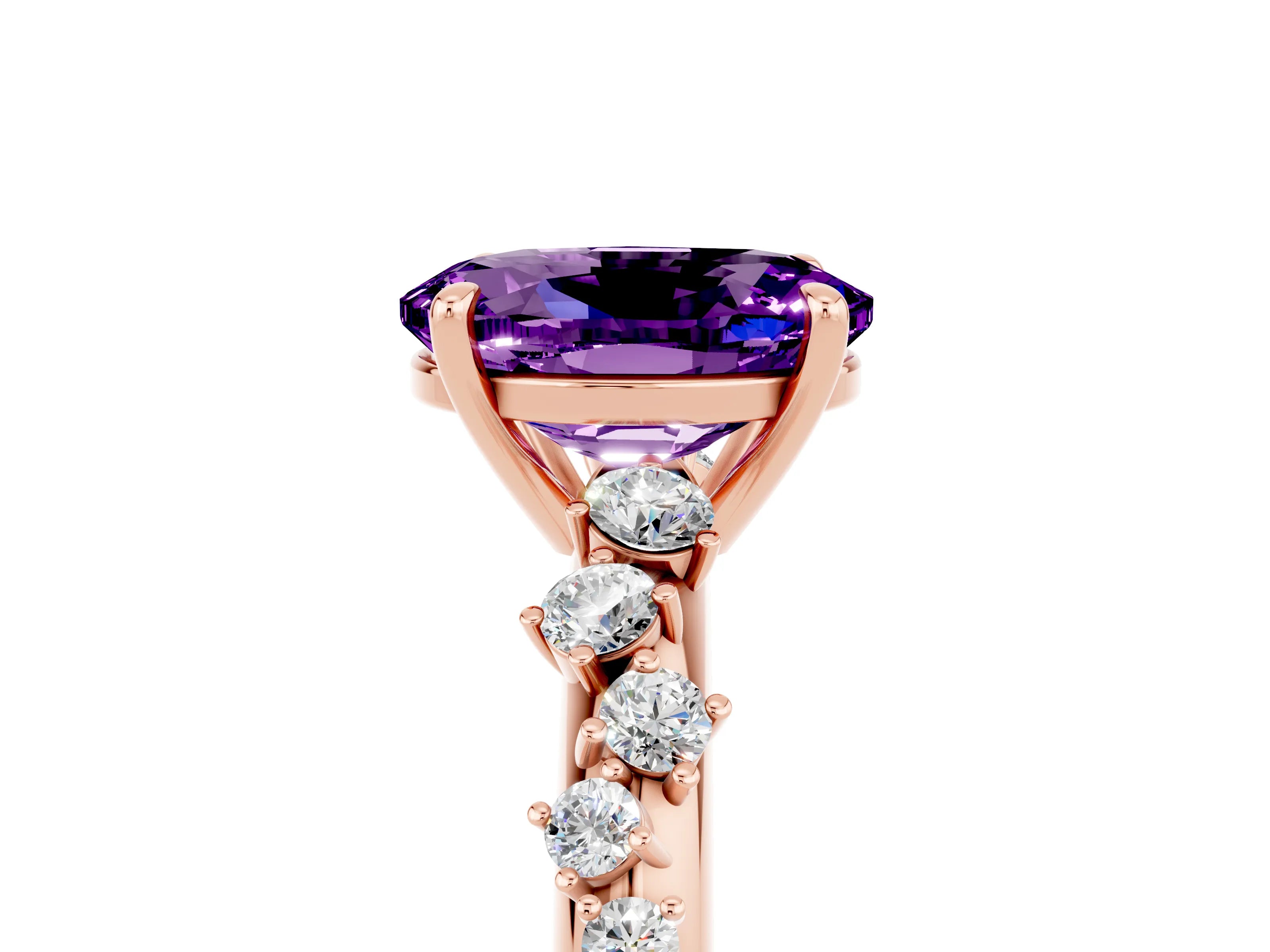 Rose gold Oval Cut Amethyst Cluster Side Stone Solitaire Ring with Prong Setting_29