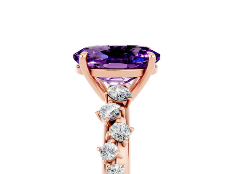 Rose gold Oval Cut Amethyst Cluster Side Stone Solitaire Ring with Prong Setting_29