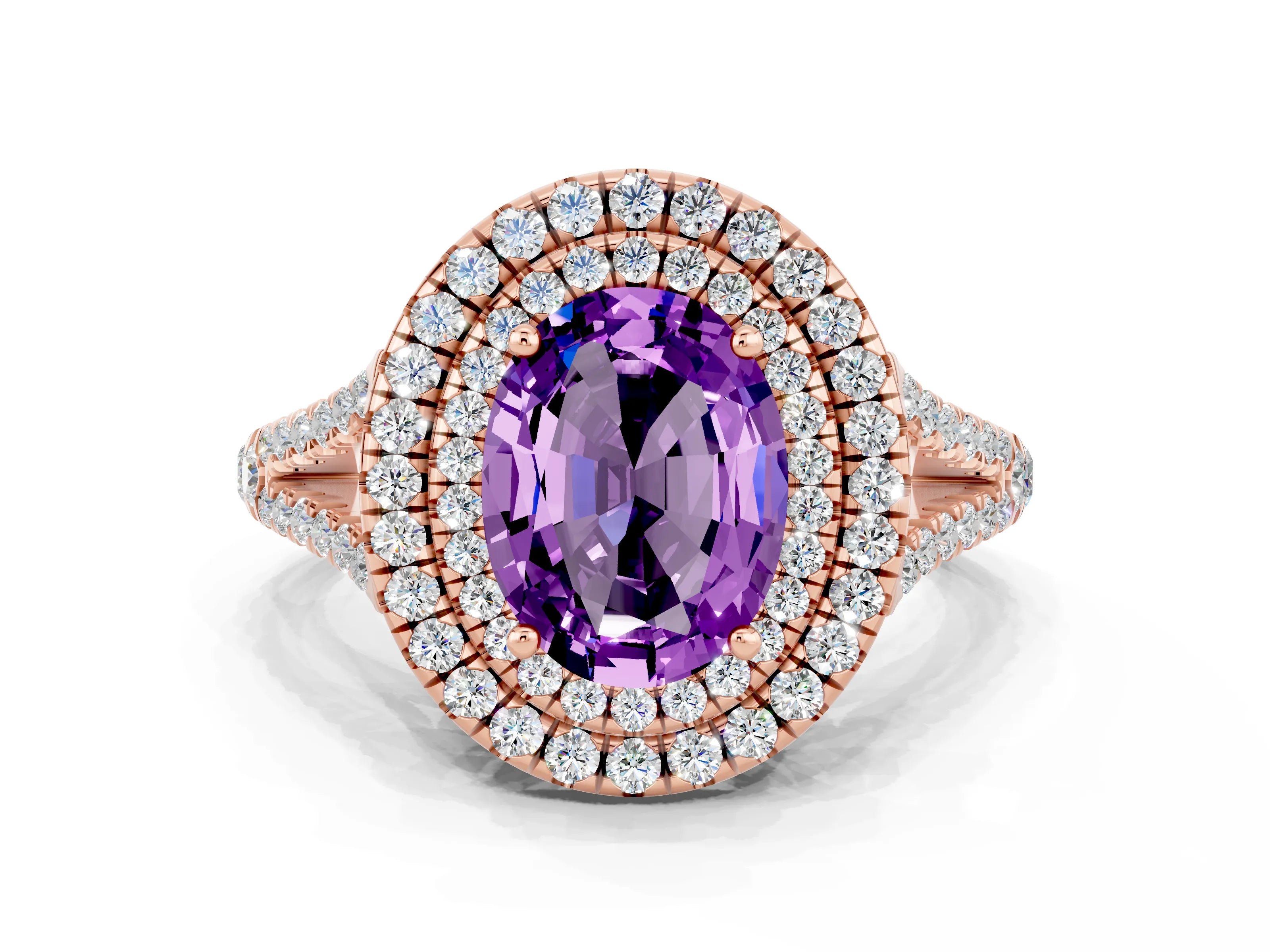 Rose gold Oval Cut Amethyst Double Halo Ring with Pavé Band and Prong Setting_12