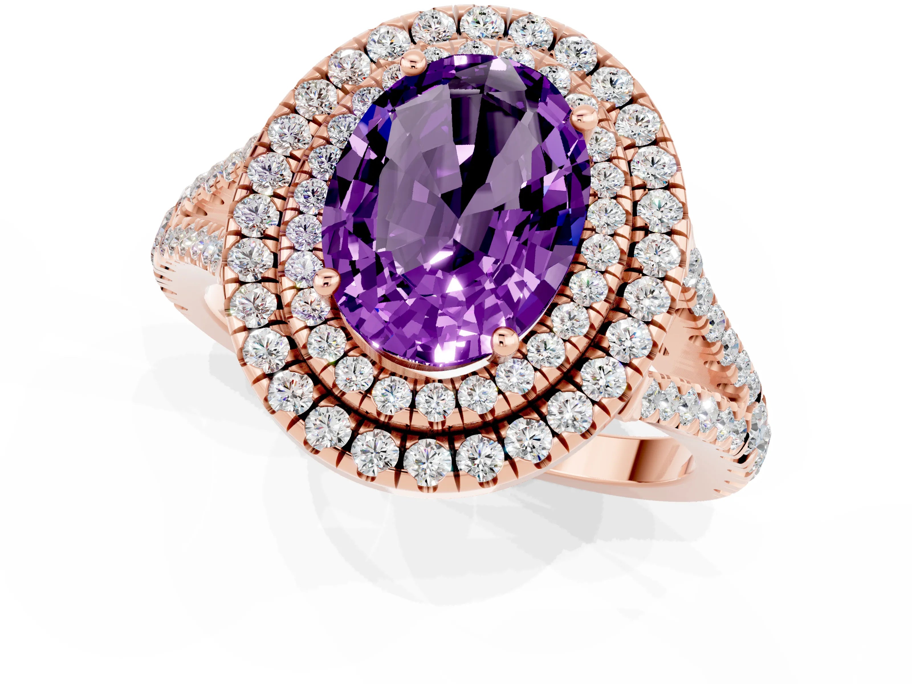 Rose gold Oval Cut Amethyst Double Halo Ring with Pavé Band and Prong Setting_13