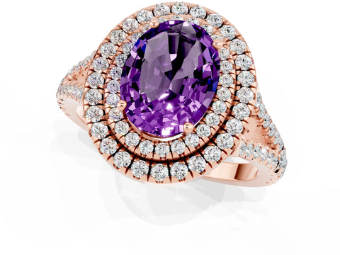 Rose gold Oval Cut Amethyst Double Halo Ring with Pavé Band and Prong Setting_13