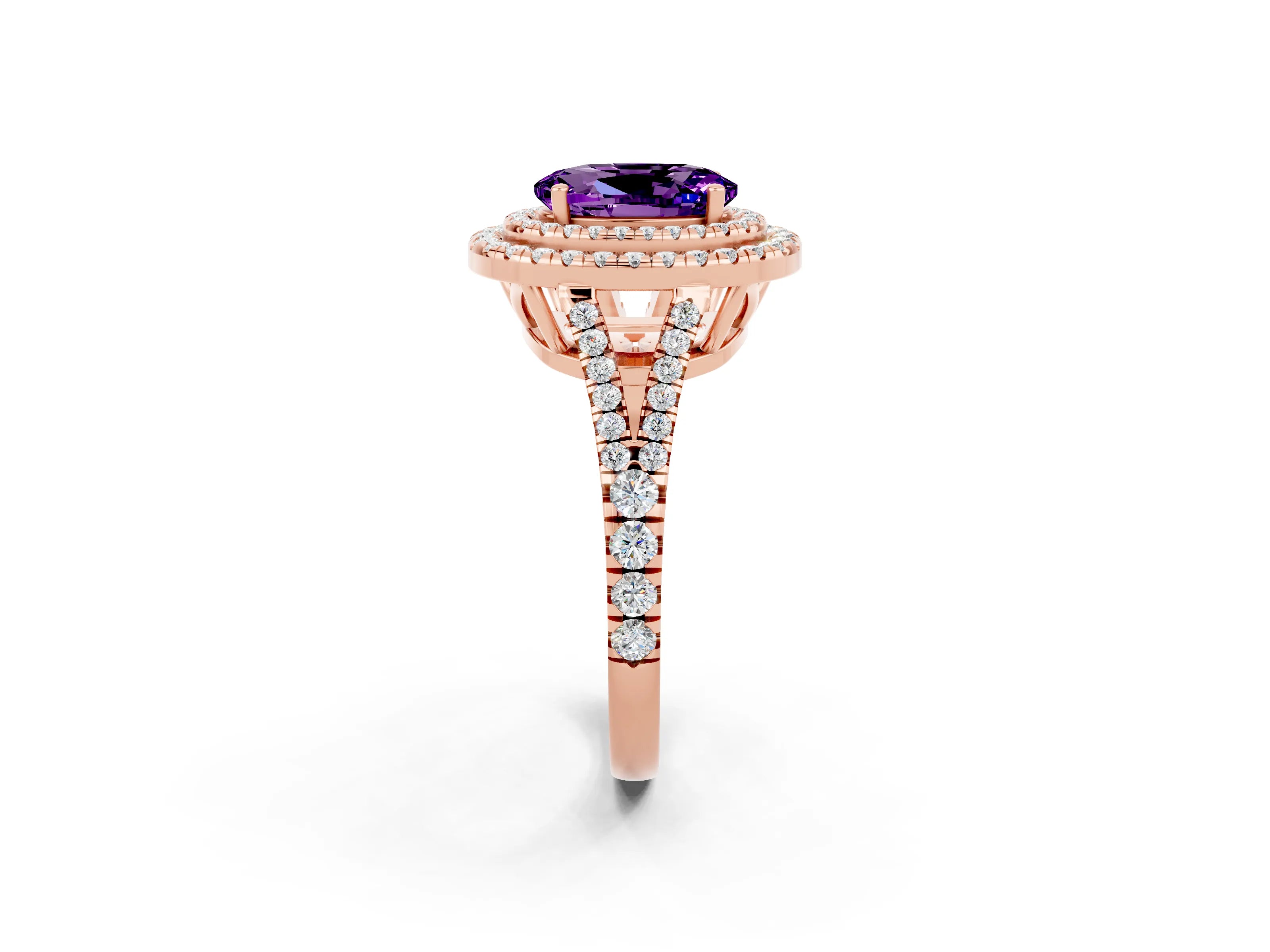 Rose gold Oval Cut Amethyst Double Halo Ring with Pavé Band and Prong Setting_14
